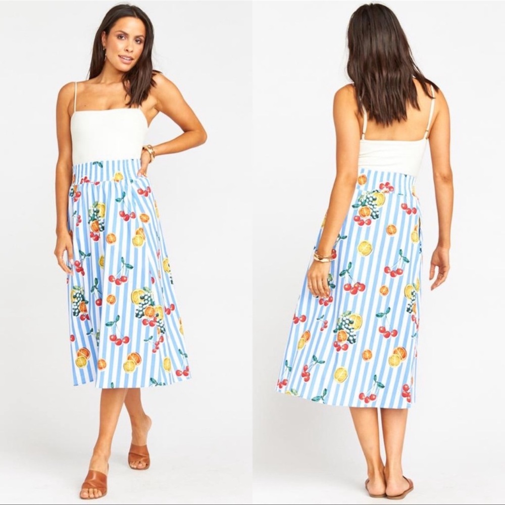 Show Me Your Mimi Fruit Basket Plaza Midi Skirt in Blue and White Stripe